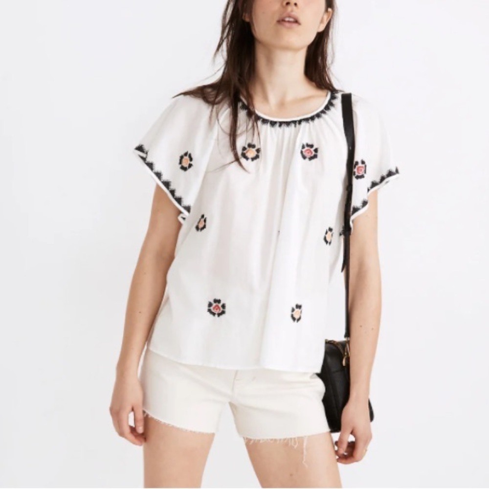 Madewell White Embroidered Flutter Sleeve Blouse with Black & Pink Accents